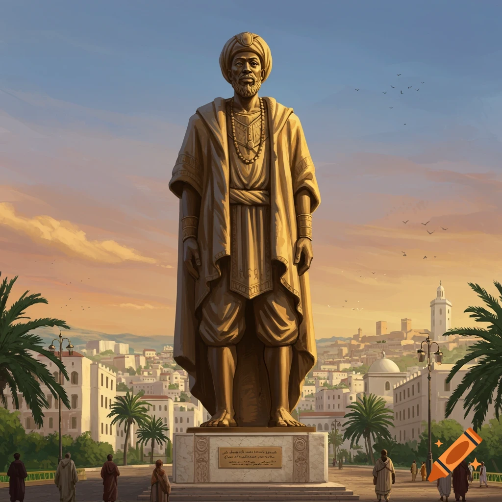 A large statue of Mansa Musa stands in a city square