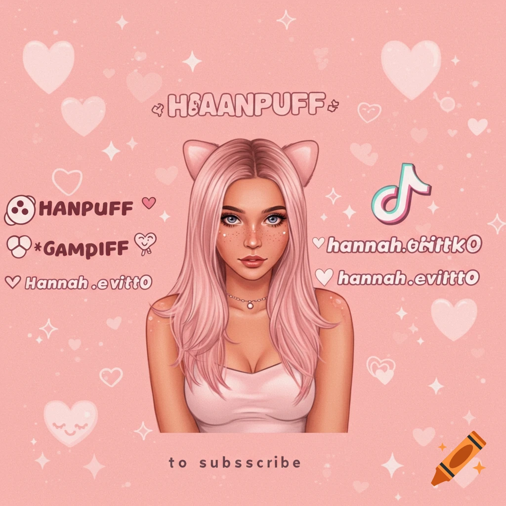 Stylized illustration of a woman with pink hair and cat ears on a pink background with hearts and text.