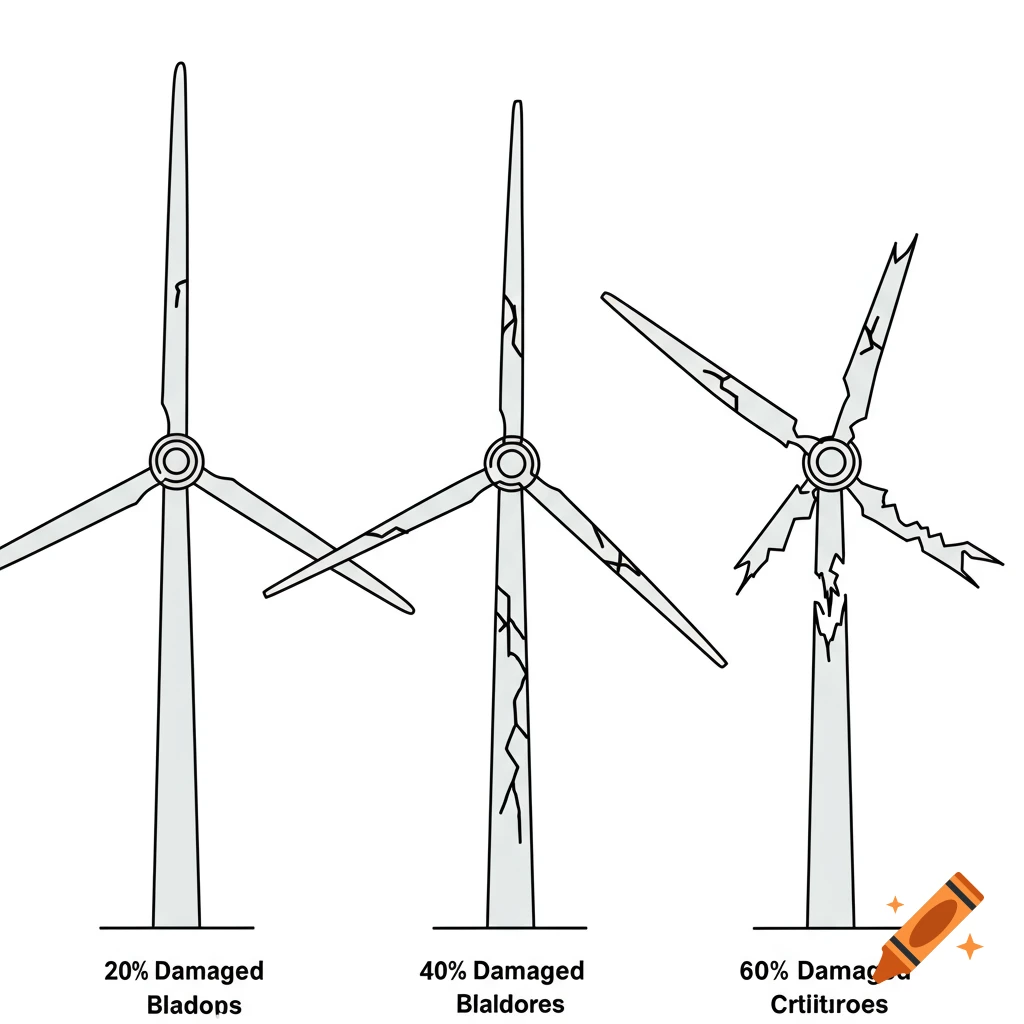 Diagram showing three wind turbines with increasing levels of damage.