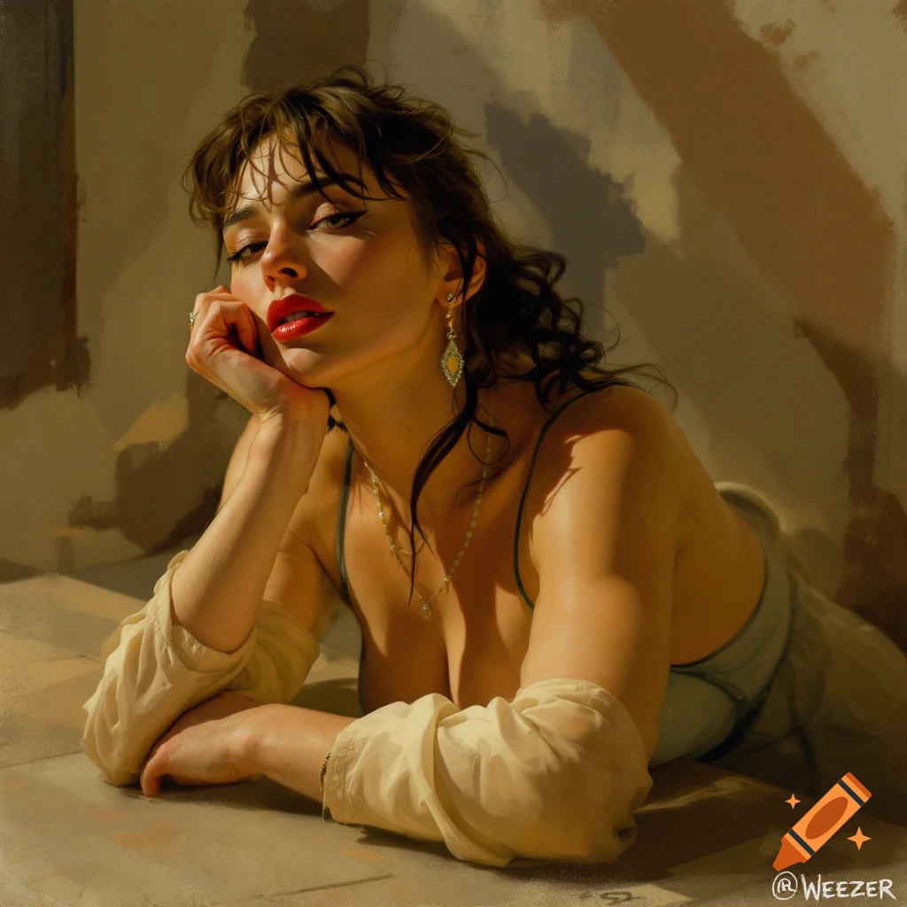 A woman with dark hair and red lipstick is lying down, resting her head on her hand.
