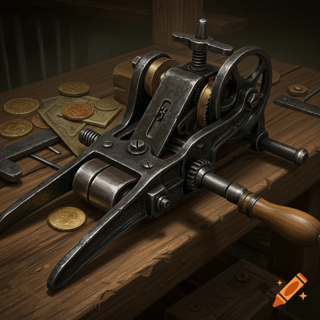 A detailed depiction of a metal coin clipping tool on a wooden table with coins and a bill.