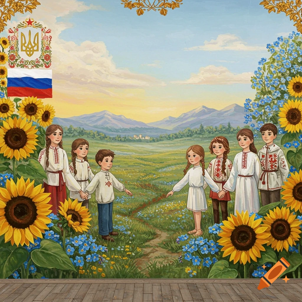 Children holding hands in a field of sunflowers and blue flowers under a sunset sky, with Ukrainian and Russian flags and symbols.