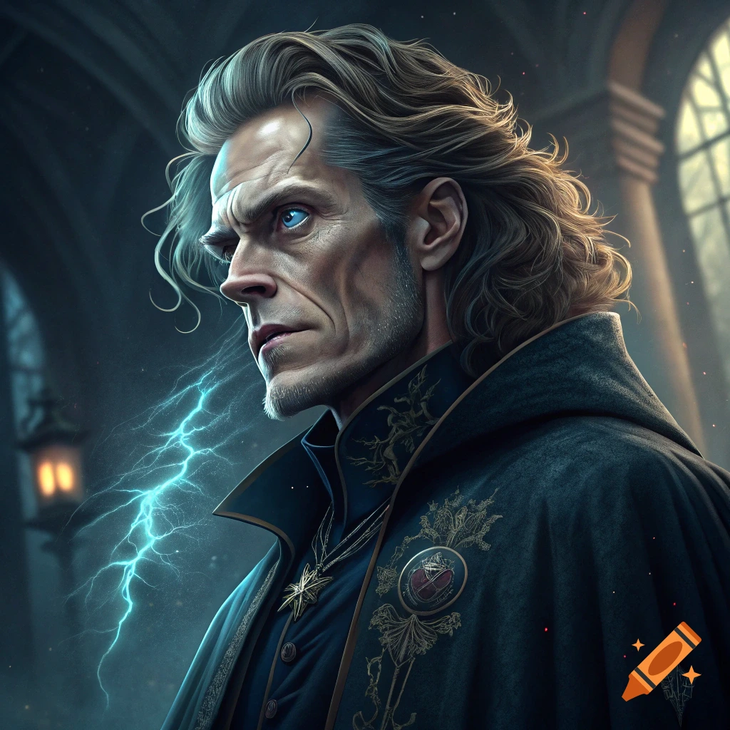 Close-up portrait of a man with intense blue eyes and long hair wearing ornate dark clothing, with lightning.