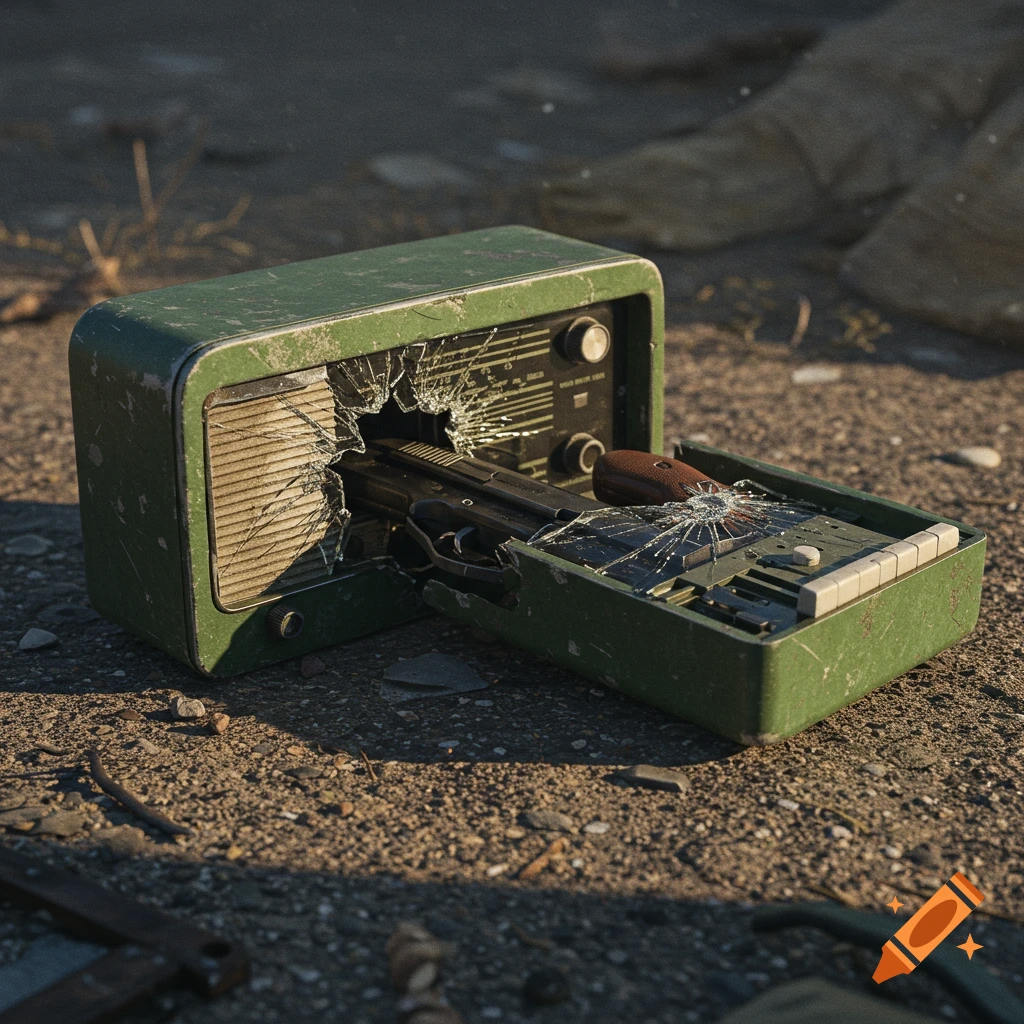 Photorealistic image of a broken green radio on the ground with a pistol inside, surrounded by dirt and debris.