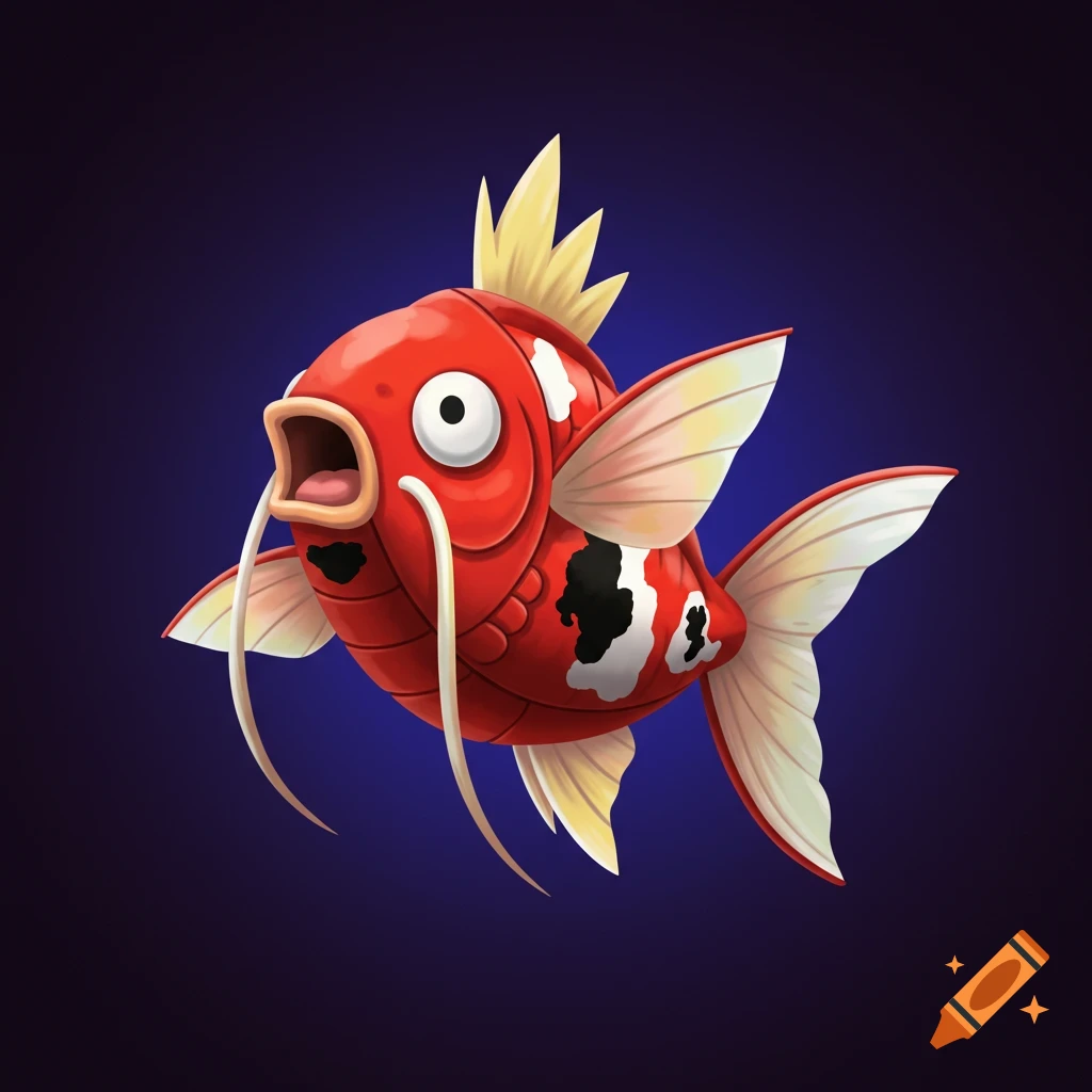 A red and white stylized fish character resembling a Magikarp and Koi blend, digitally painted.