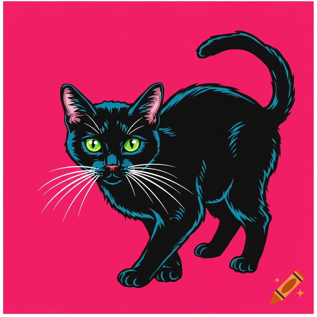 Pop art screen print of a black cat with green eyes on a pink background.
