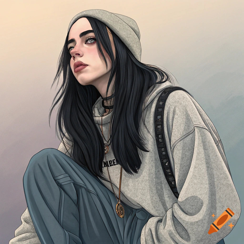 Stylized portrait illustration of a young woman in a beanie and hoodie, crouching and looking up.
