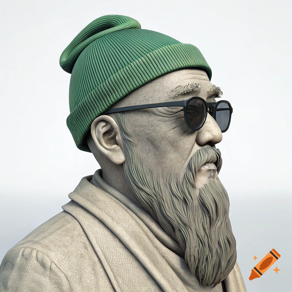 A 3D render of a bust resembling Confucius wearing a green beanie and sunglasses.