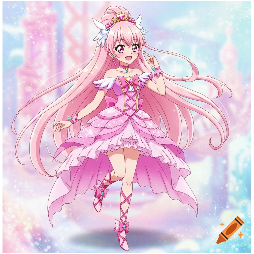Anime magical girl in a pink dress with wings and long pink hair, standing in a sparkling fantasy background.