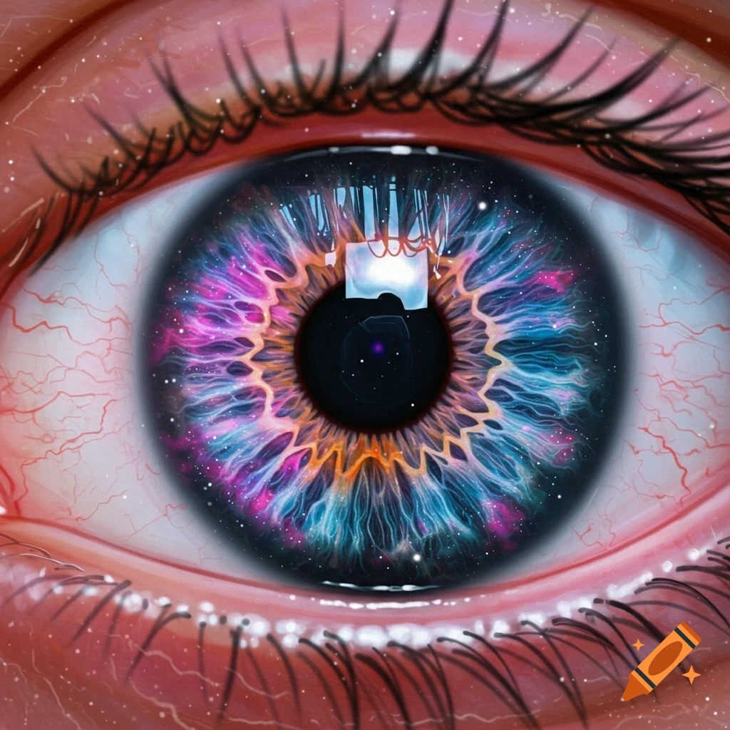 Close-up of an eye with a colorful galaxy in the iris.