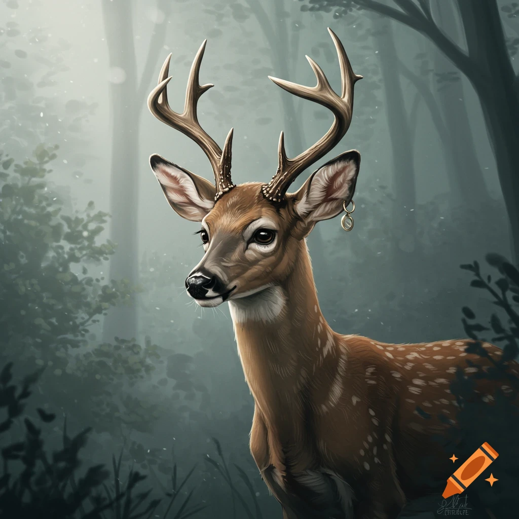 A young deer with large antlers in a misty forest.