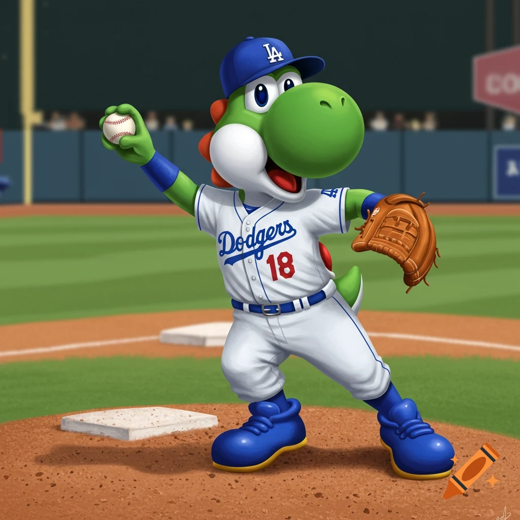 Yoshi pitches a baseball while wearing a Dodgers uniform and cap.