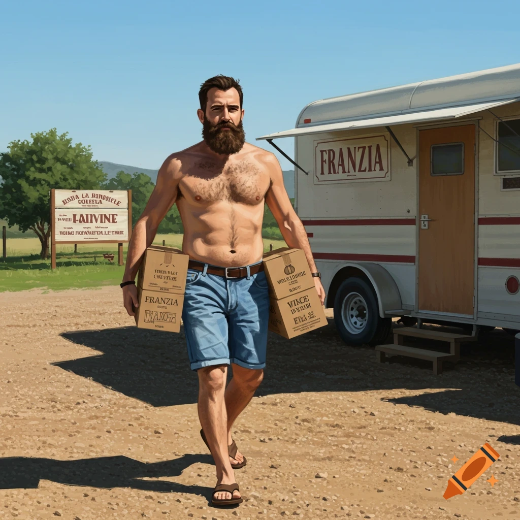 Bearded man carrying boxes walks away from a trailer in a gravel lot.