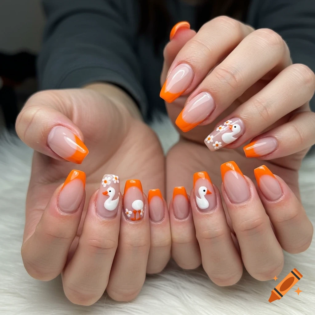 Hands with orange French tip nails featuring white ducks and flowers.