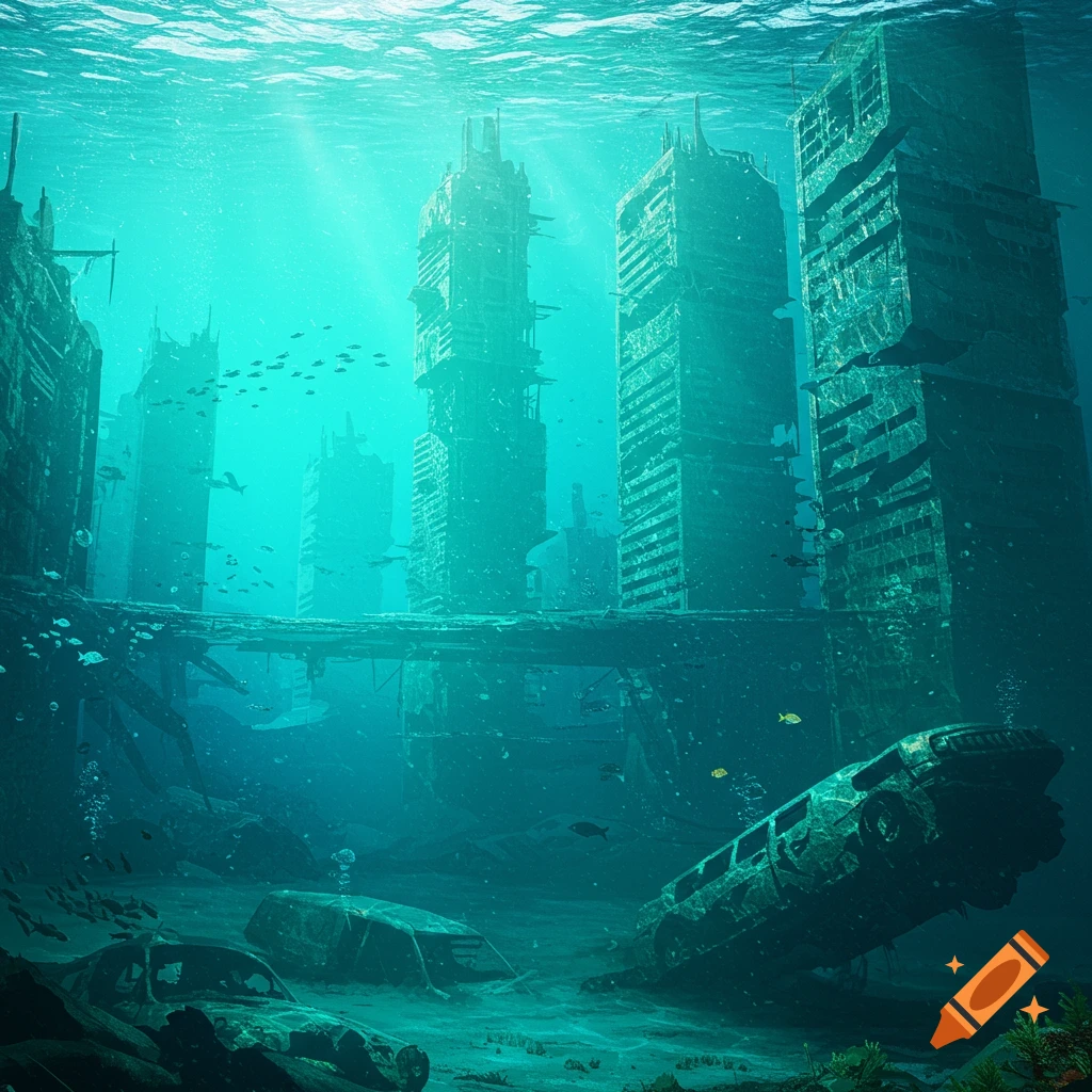 A ruined city submerged underwater, with tall decayed skyscrapers, vehicles, and fish.