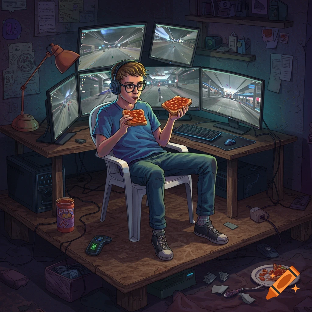 A gamer is eating beans on toast in a messy room. The gamer is surrounded by multiple gaming monitors.