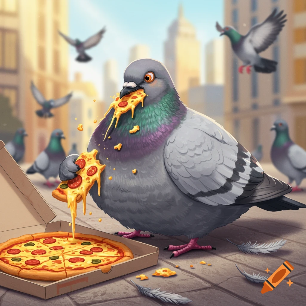 A plump cartoon pigeon eats a slice of cheesy pizza from a box on a city street with other pigeons in the background.