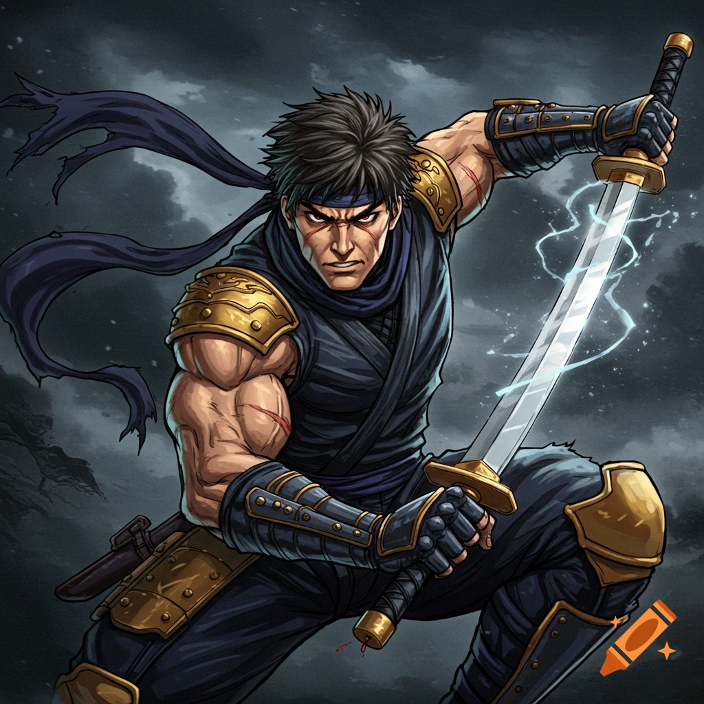 A ninja with a glowing sword ready to strike.