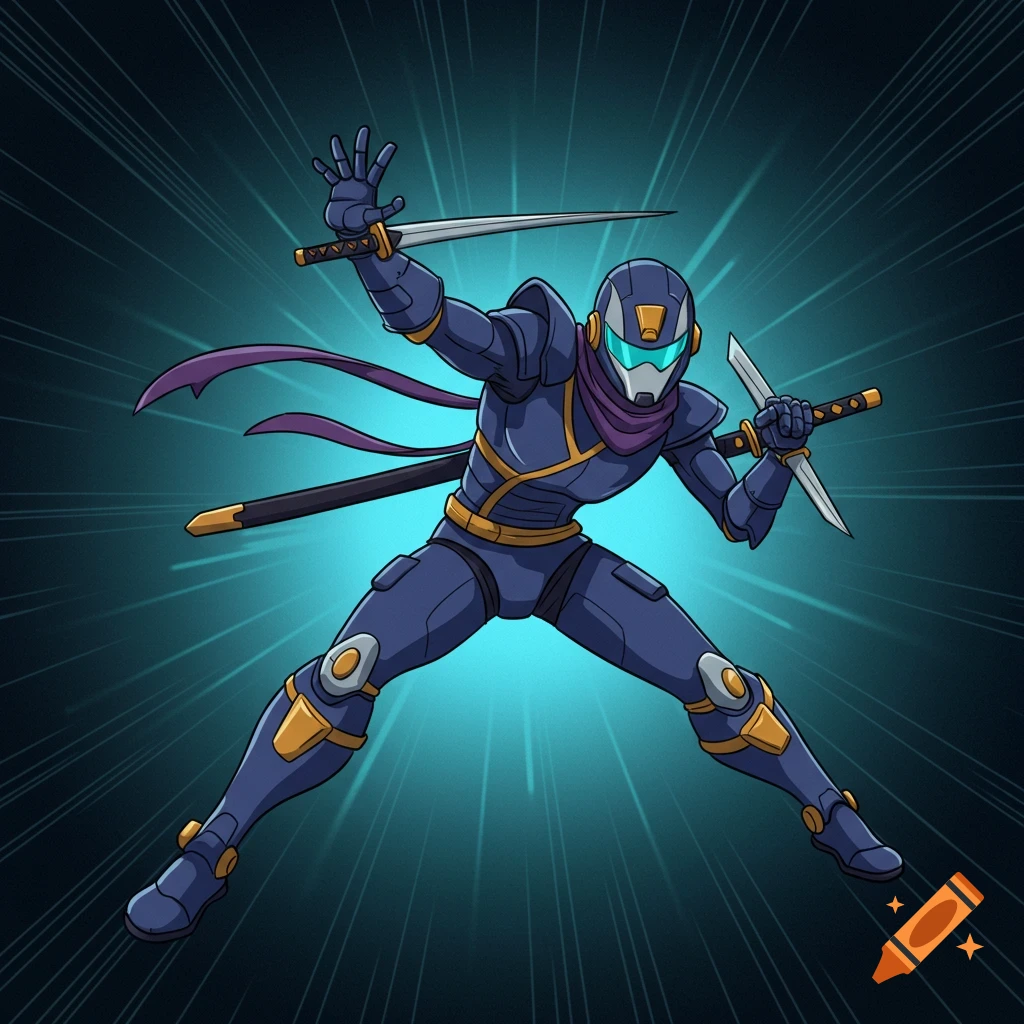 A futuristic robot ninja in a dynamic pose holding swords, in a 2000s cartoon style.