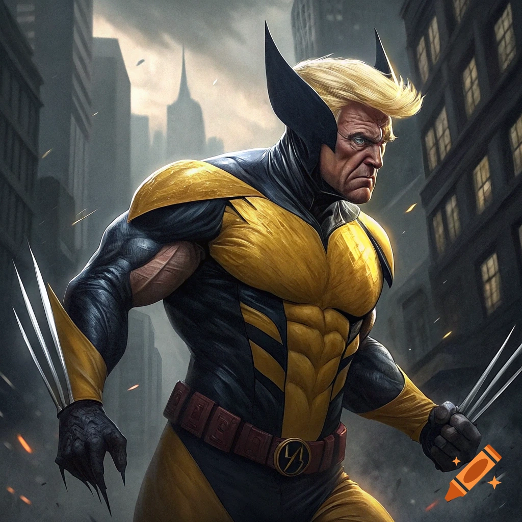 Donald Trump depicted as the superhero Wolverine in a city street.