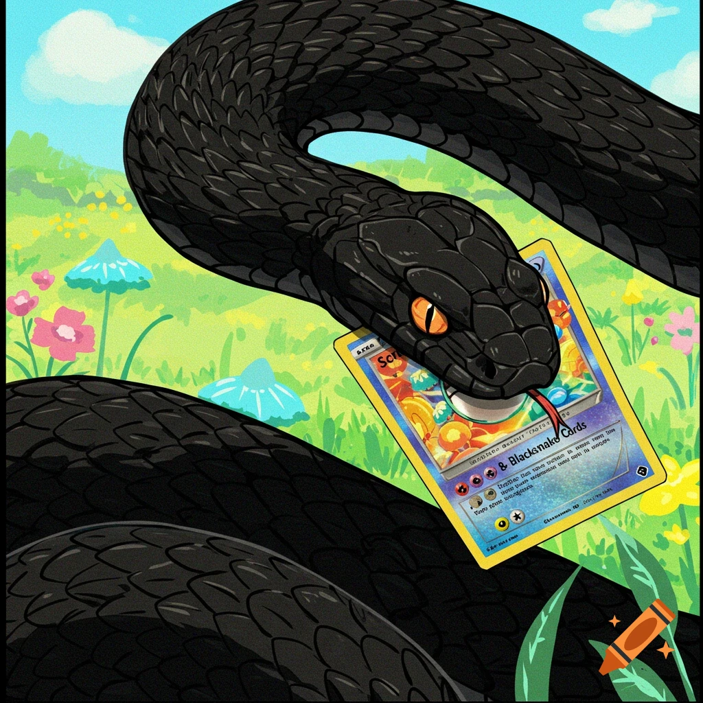 A black snake is holding a trading card resembling a Pokemon card in a grassy field.