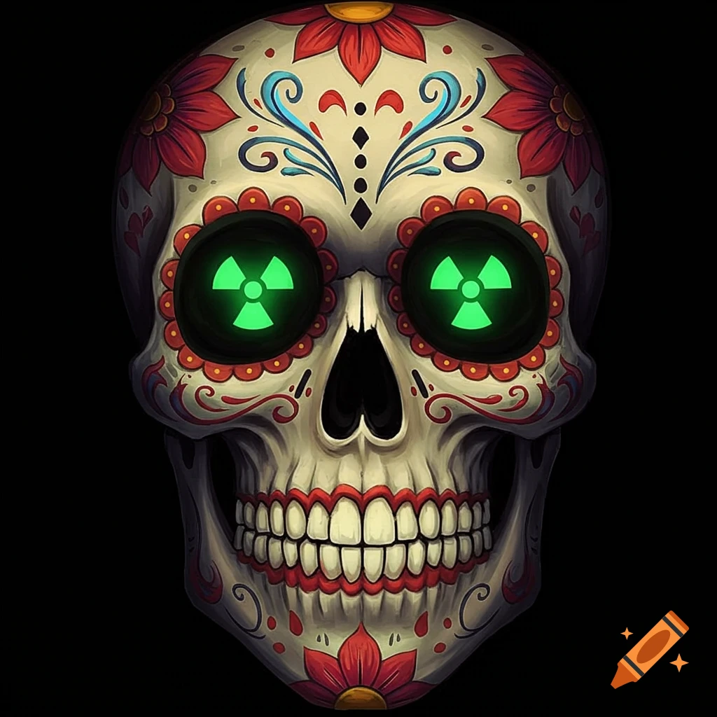 A sugar skull decorated with flowers and swirls, with glowing green radiation symbols for eyes.