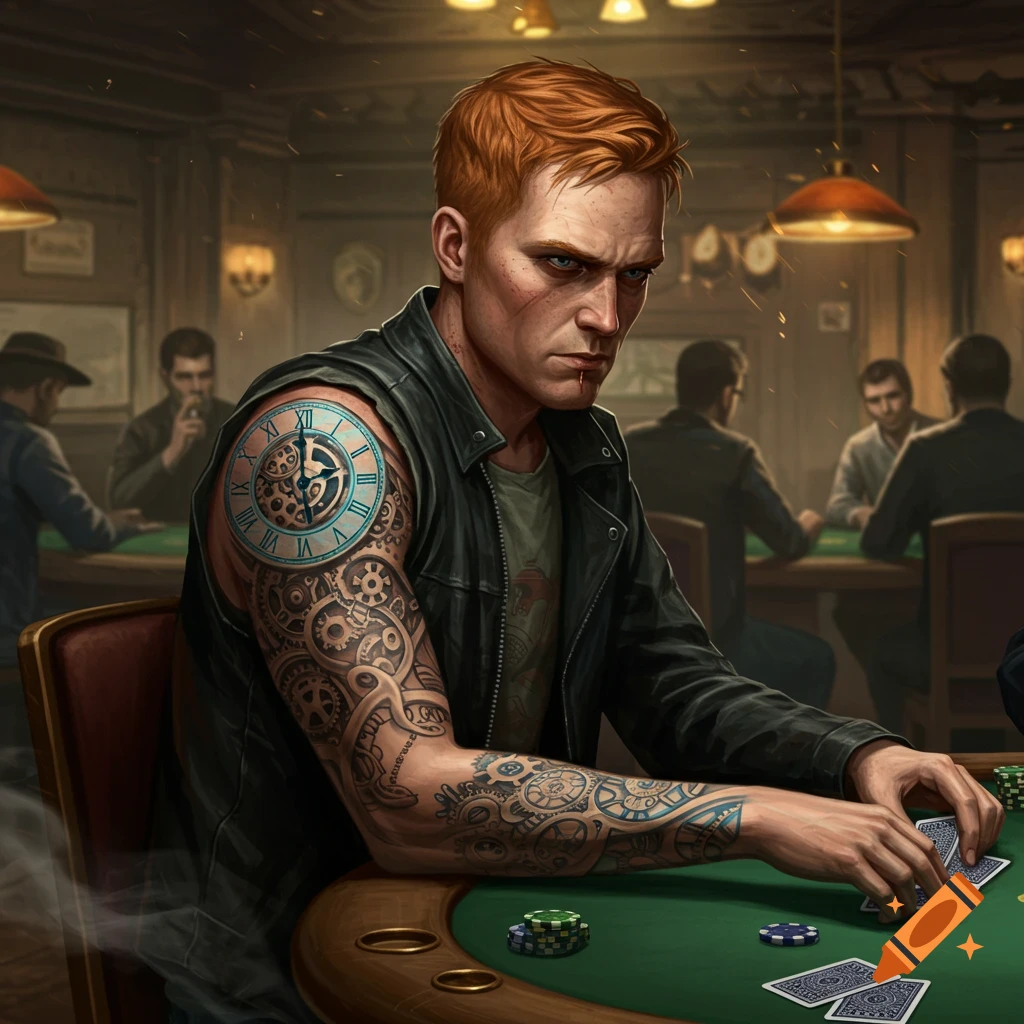 A ginger man with a clock tattoo playing poker in a dimly lit room.