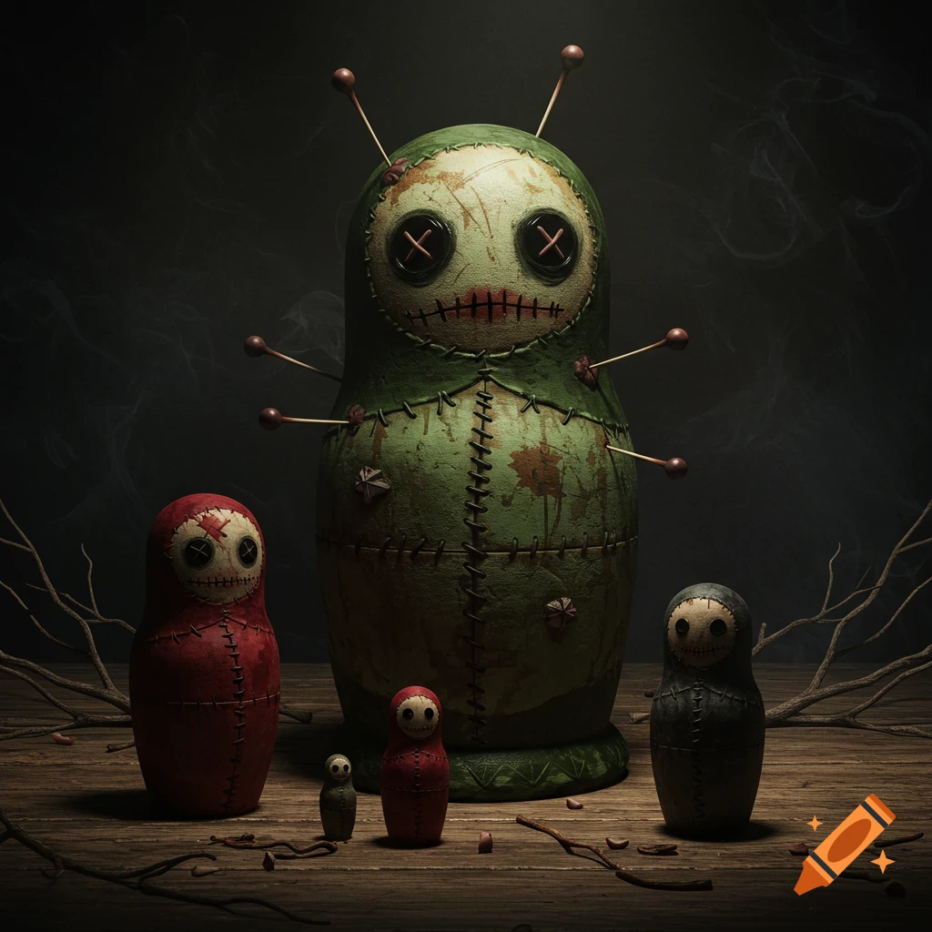 Creepy voodoo doll style russian nesting dolls on a wooden surface.