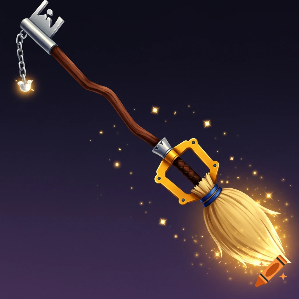 A fantasy broom crafted like a Kingdom Hearts keyblade, surrounded by glowing sparks.