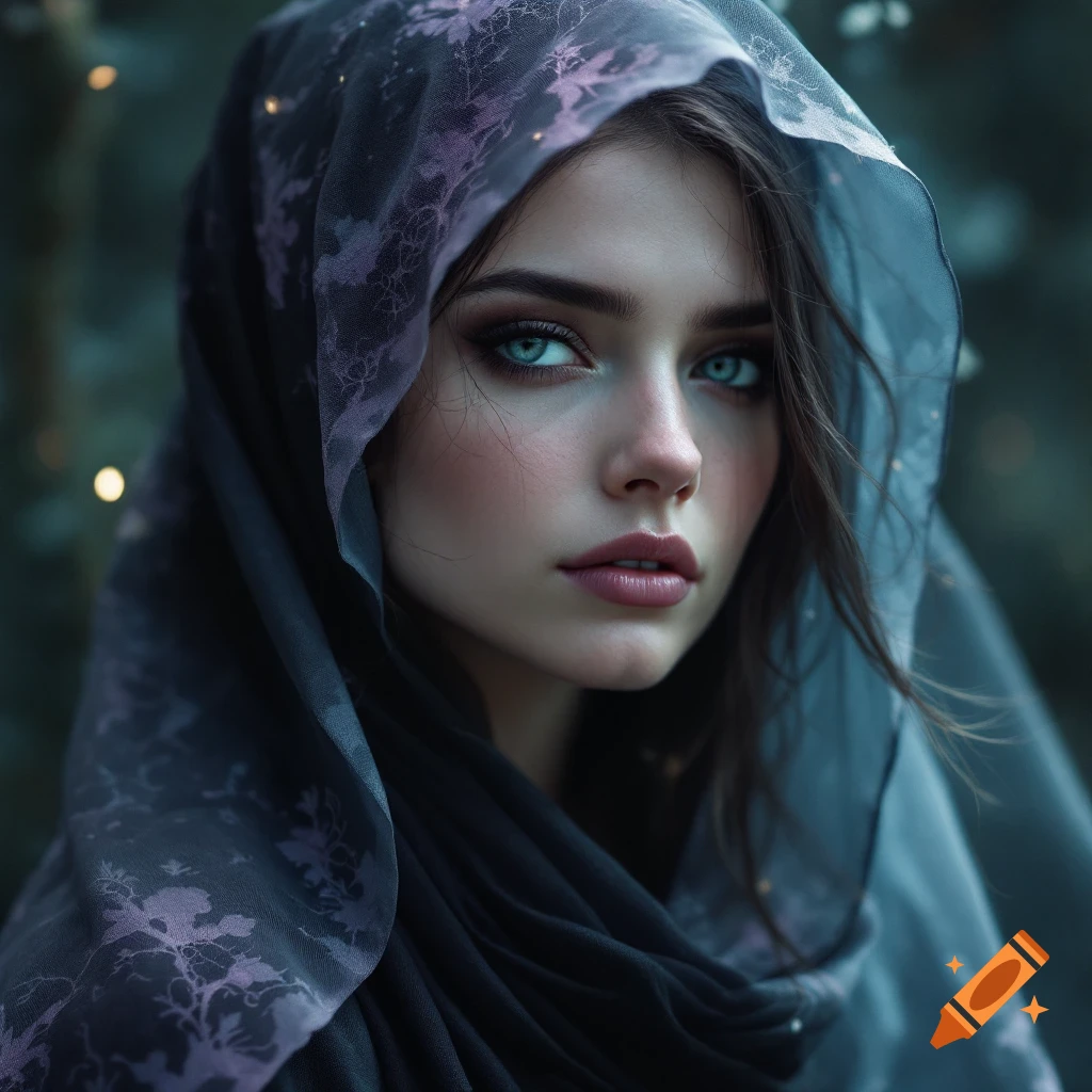Close-up portrait of a woman with blue eyes wearing a dark, lacy veil.