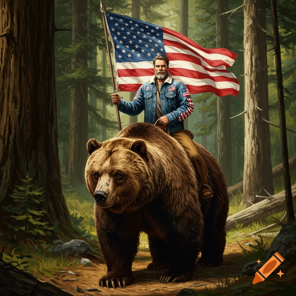 A patriotic bearded man rides a grizzly bear and carries a large American flag through a forest.