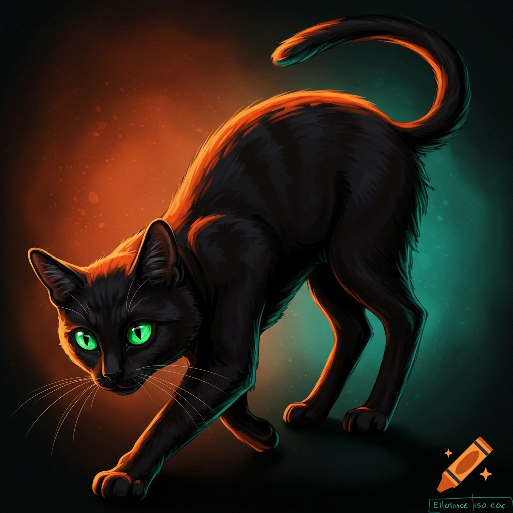 A black cat with bright green eyes, backlit by orange and teal light.