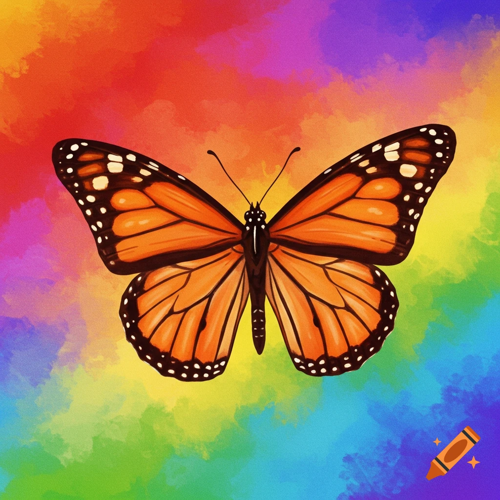A monarch butterfly against a colorful rainbow background.