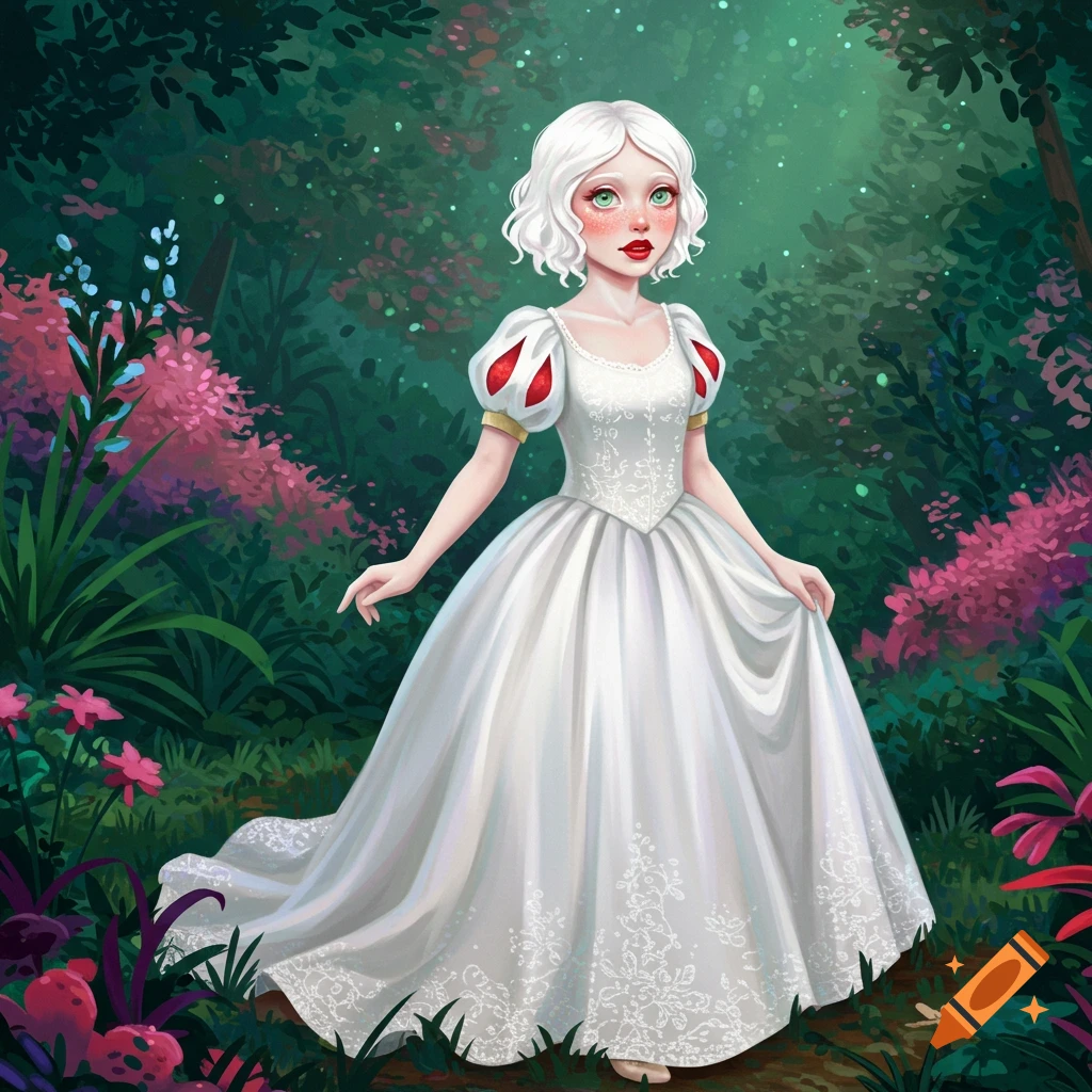 An albino young woman resembling Snow White in a white dress in a forest.
