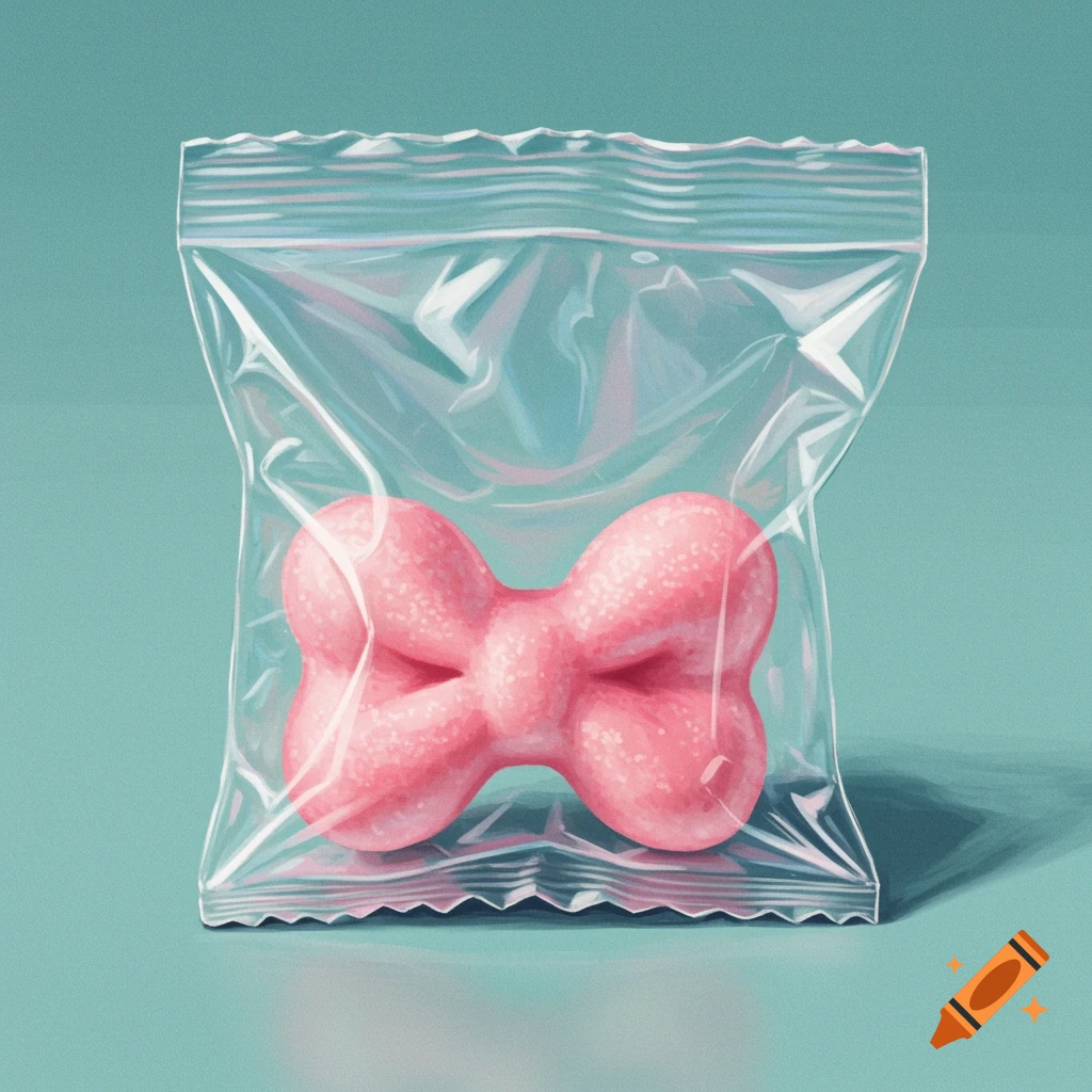A pink bowtie-shaped snack is shown in a plastic bag on a teal background