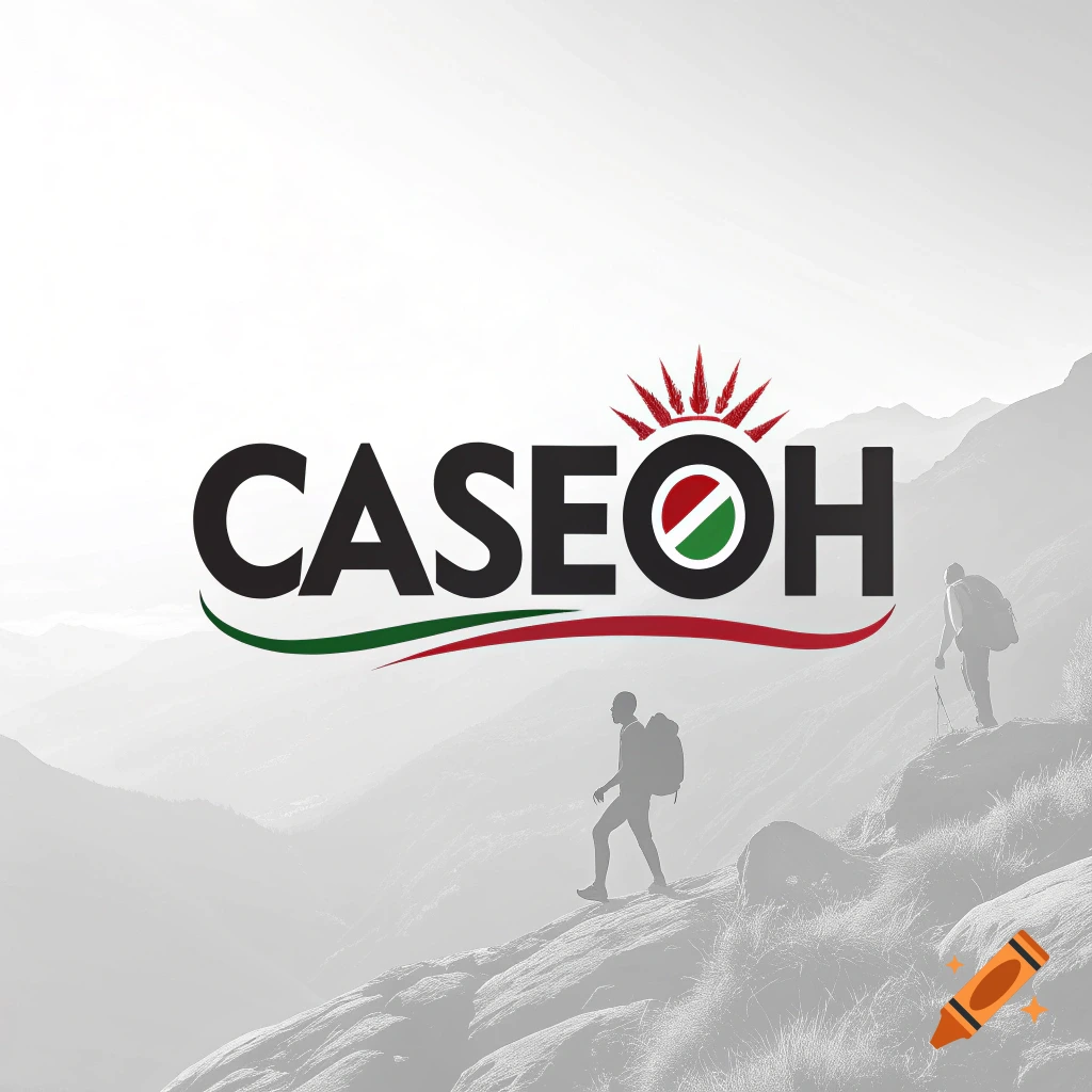 Logo with text 'CASE OH' and silhouettes of hikers in a mountain landscape