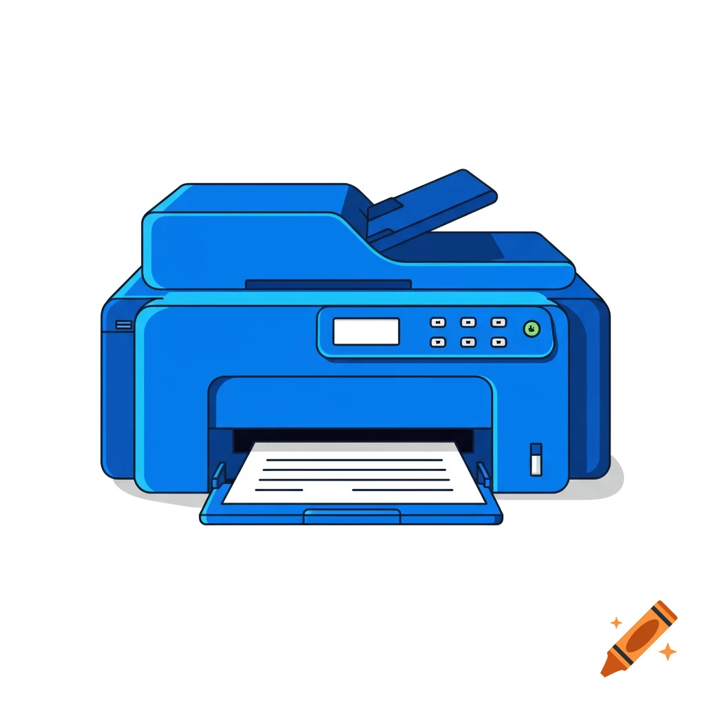 A blue vector graphic illustration of a computer printer with a document coming out.