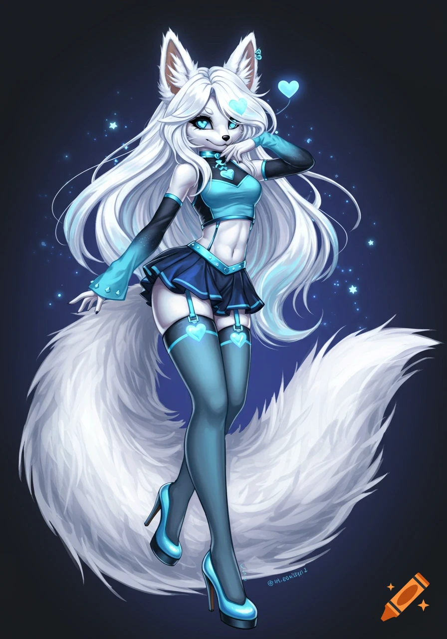 Anthropomorphic white fox woman with long hair, blue eyes, wearing blue and black crop top, skirt, thigh highs, and heels.