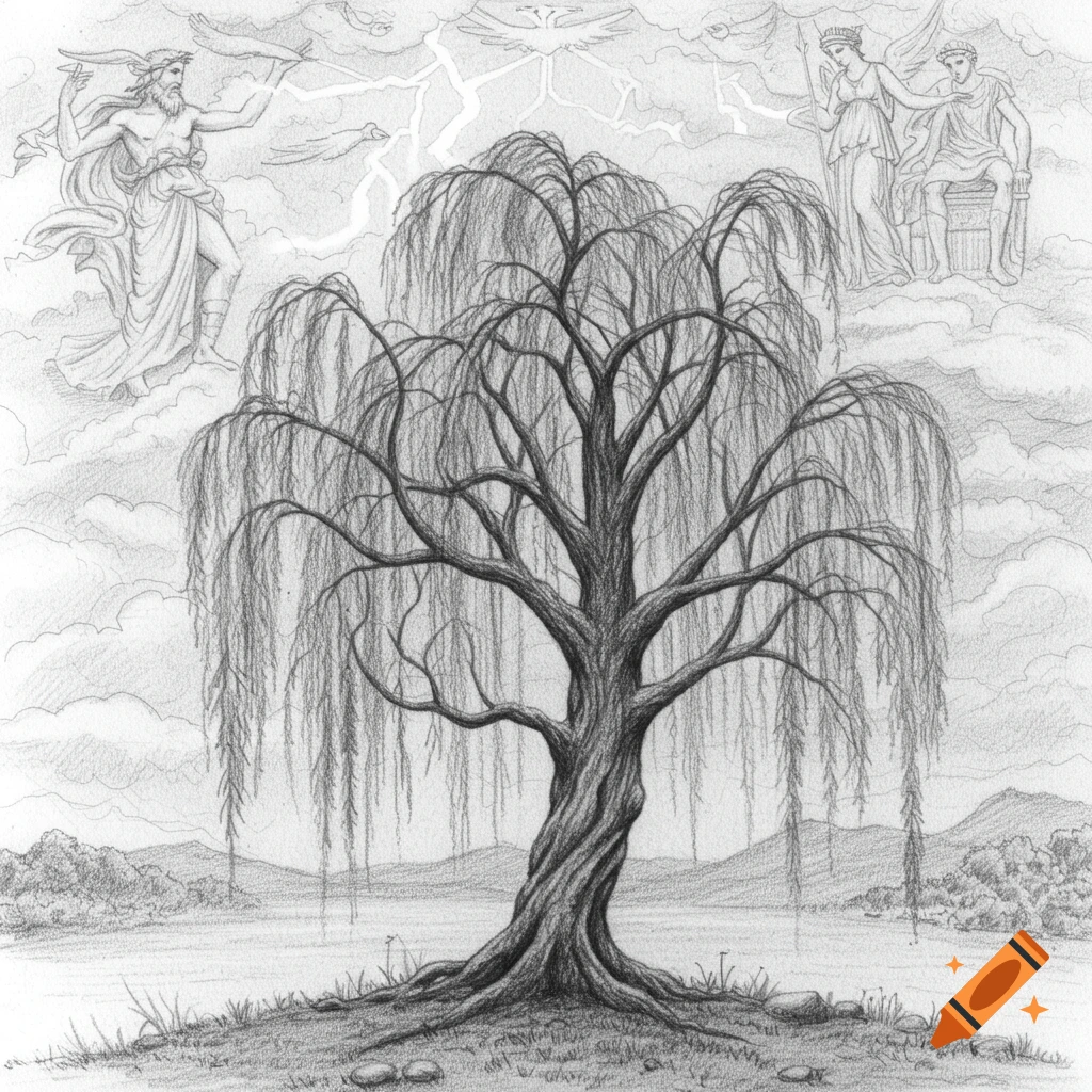 Pencil sketch of a weeping willow tree with figures from Greek mythology floating in the clouds above.