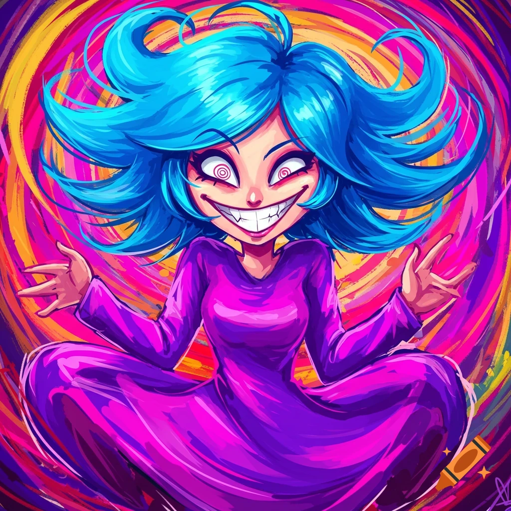 Stylized character with blue hair, wide grin, and swirly eyes in purple dress against spiral background, digital art.