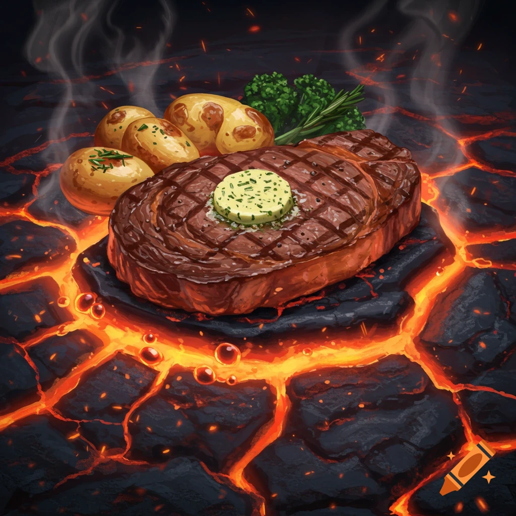 A steak dinner with potatoes and broccoli cooking on hot, cracked magma.