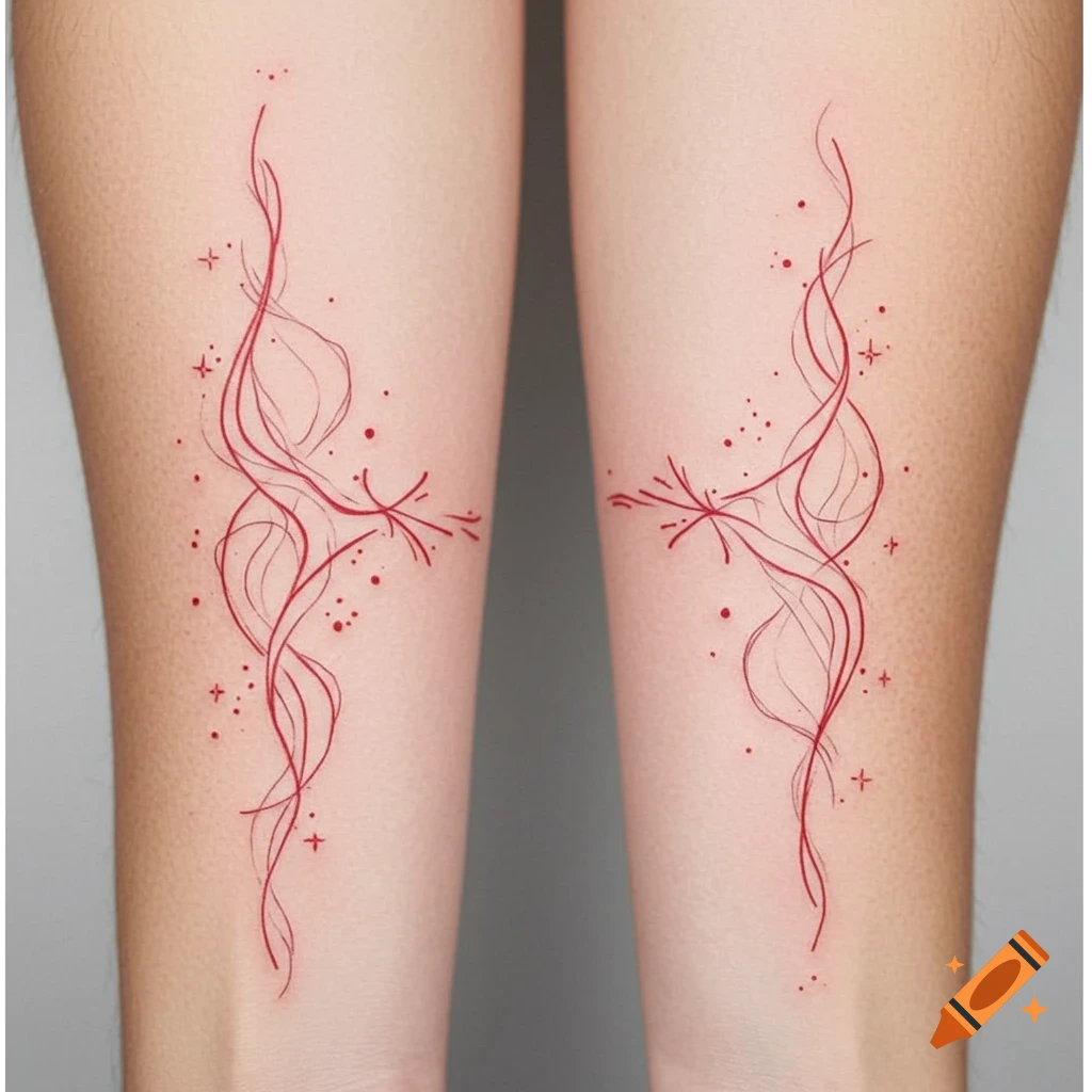 Abstract red tattoos with flowing lines on legs