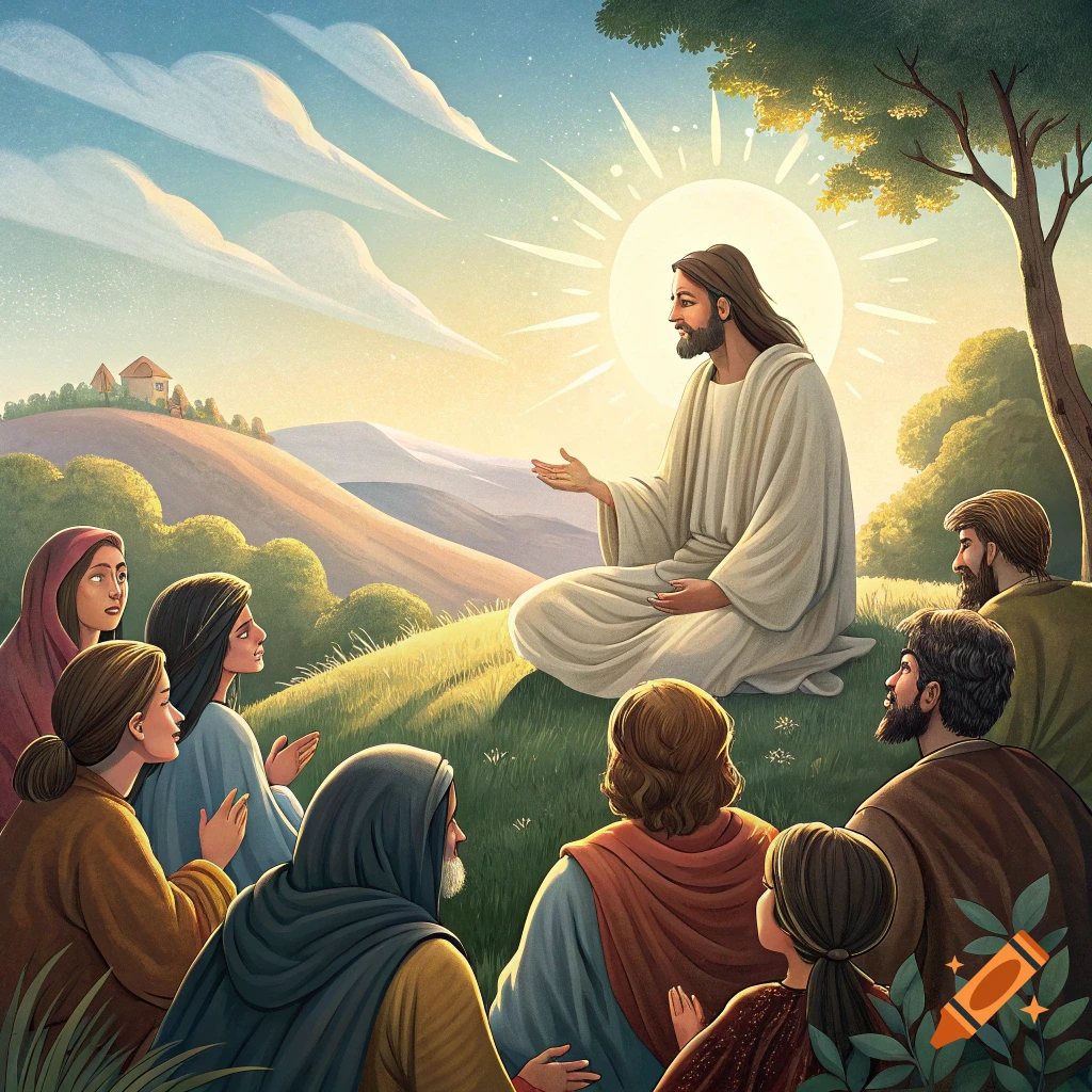 Jesus sits on a grassy hill, teaching a crowd of people who are listening attentively, bathed in sunlight.