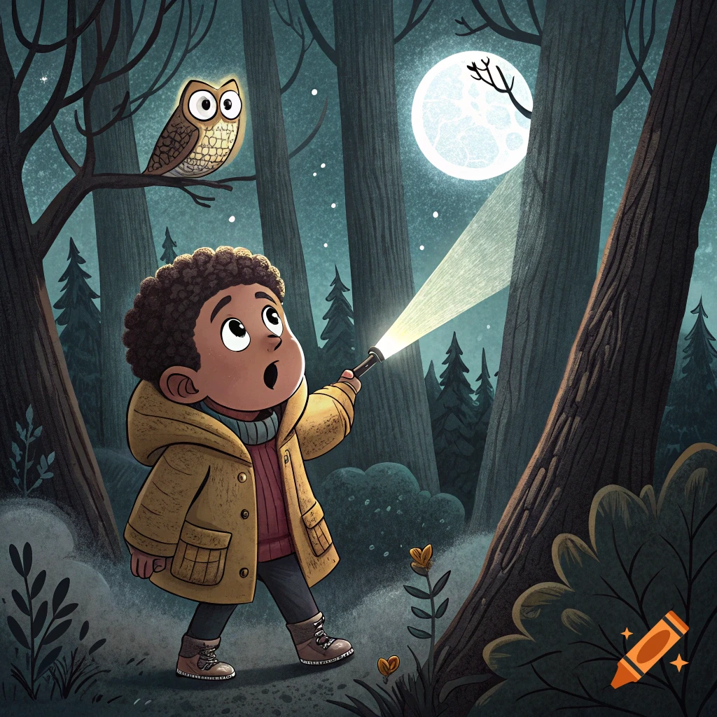 Cartoon illustration of a child in a forest at night shining a flashlight up at an owl on a branch under a full moon.