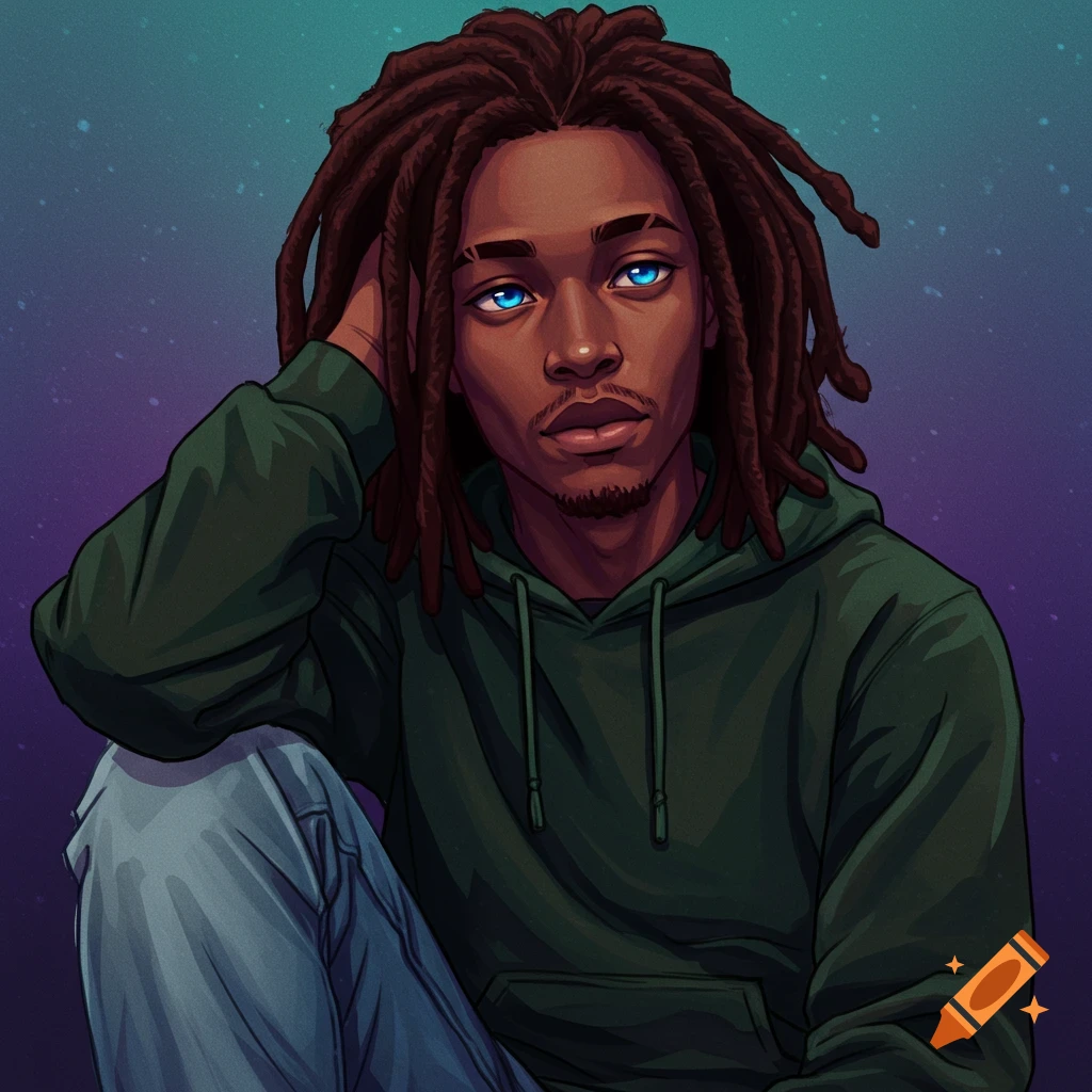 A person with dreadlocks and blue eyes, wearing a green hoodie