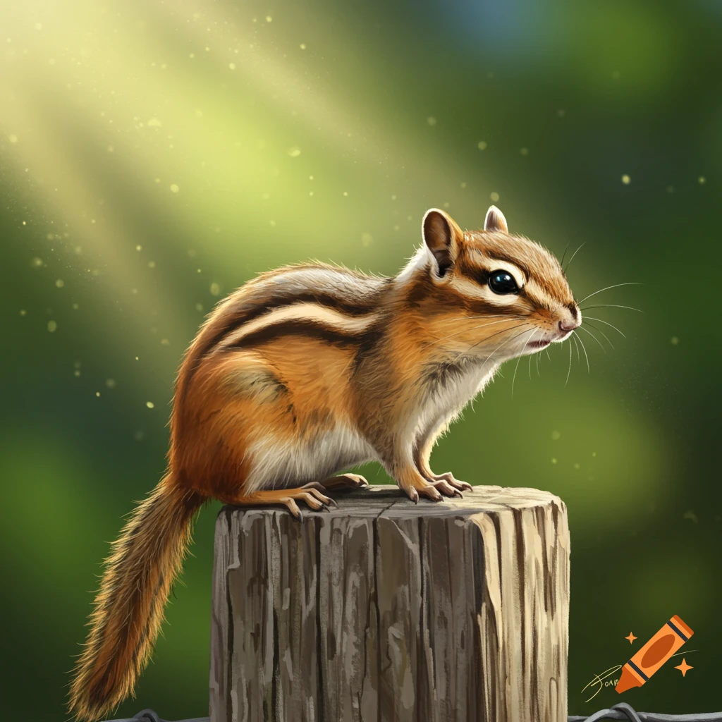 A chipmunk on a wooden post bathed in sunlight