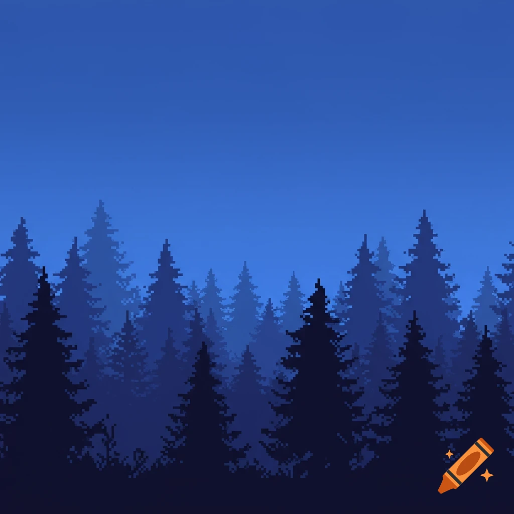 8-bit pixel art silhouette of a forest against a blue sky.
