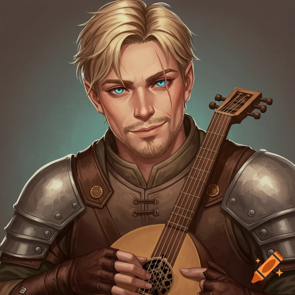 A blonde man with blue eyes and a scar, in armor, holding a lute