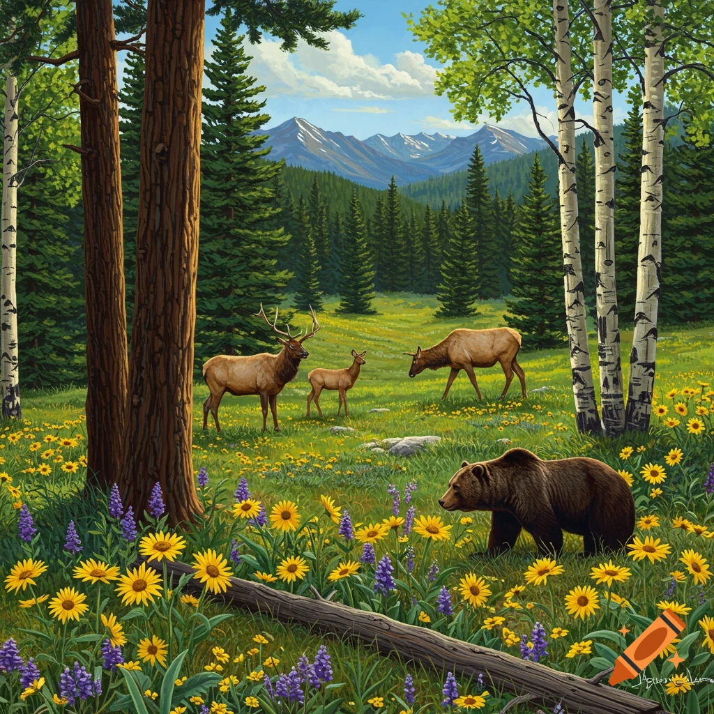 Elk and a bear are in a forest clearing with wildflowers and mountains.