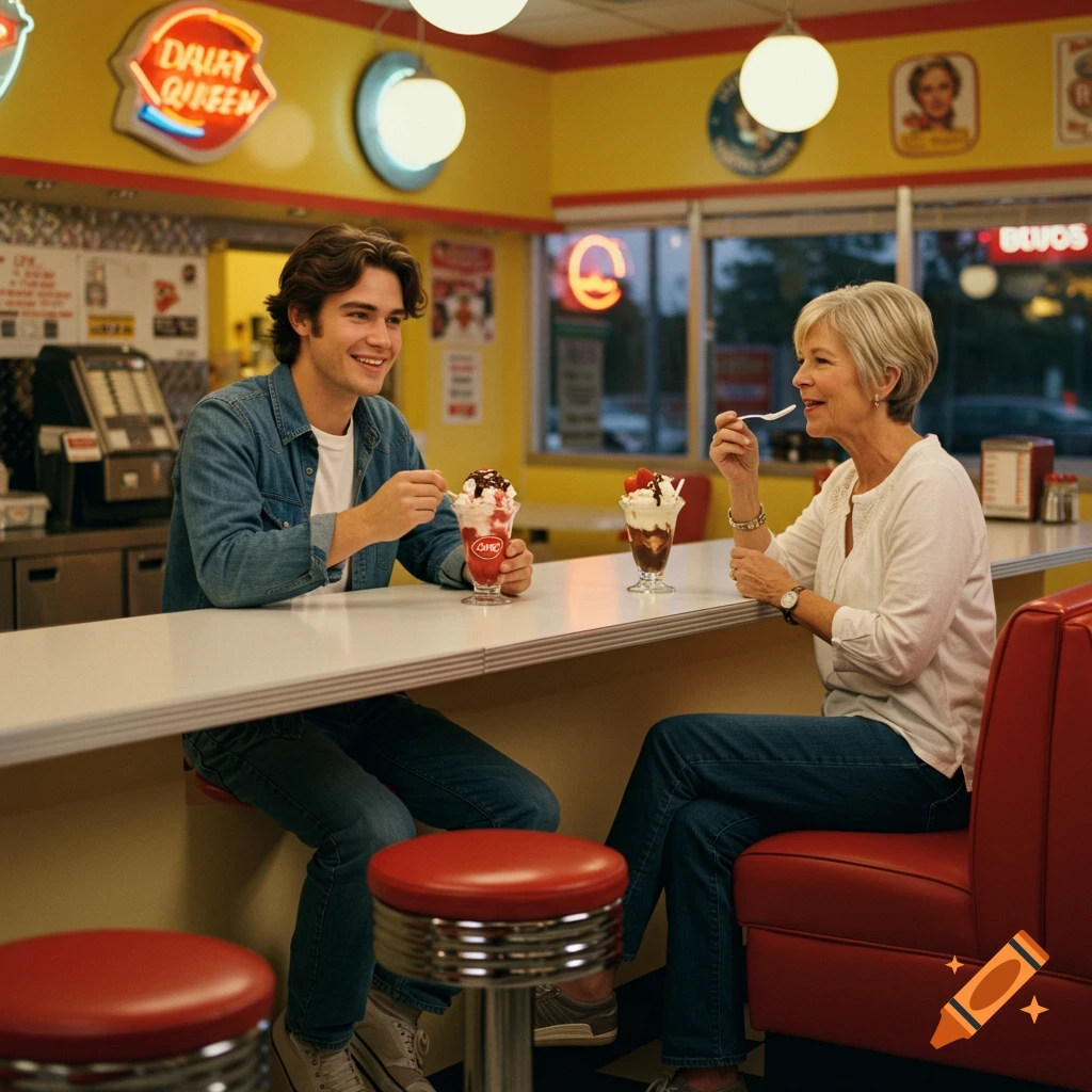 Two people eating sundaes at a counter in a retro diner.